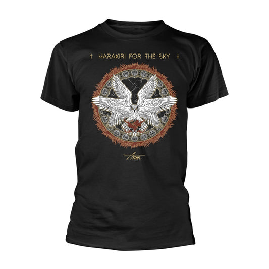 Black t-shirt with a circular design featuring a bird and band logo.
