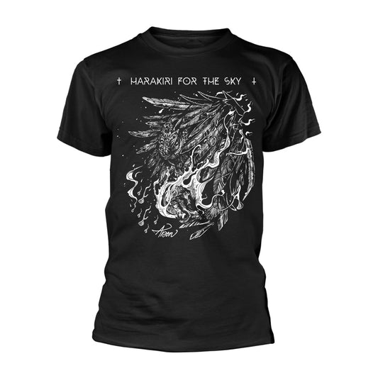 Black t-shirt with white Harakiri for the Sky band logo and feather design.