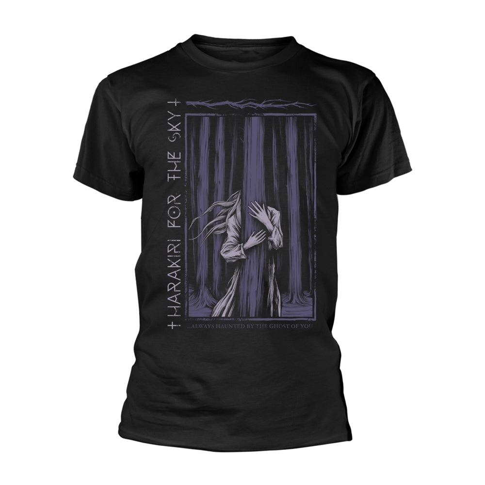 Black t-shirt with a purple and black illustrated design of a figure.