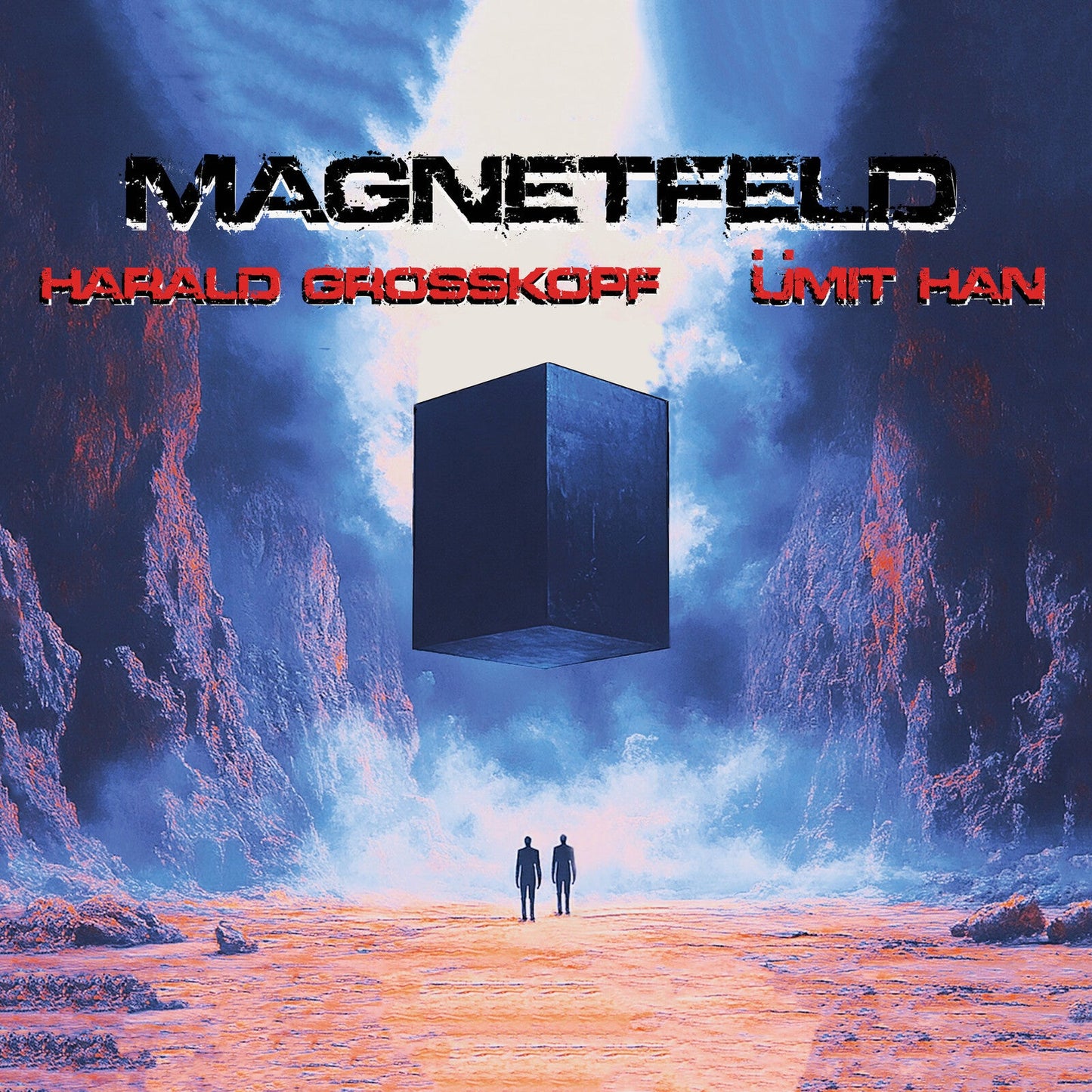 Album cover: dark cube in a stormy landscape, two figures below.