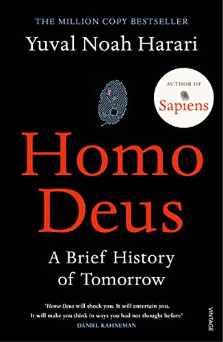 Book cover: "Homo Deus" by Yuval Noah Harari, with fingerprint and eye imagery.