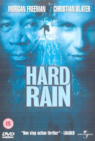 "Hard Rain DVD cover featuring close-ups of two men's faces amidst rain."