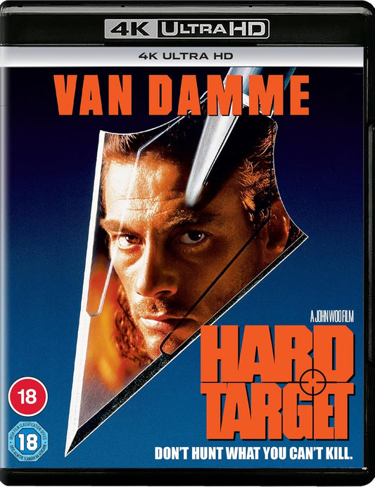 “Hard Target” 4K Blu-ray cover featuring Jean-Claude Van Damme with a knife.