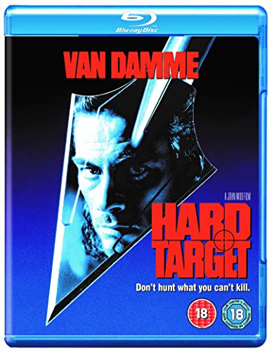 Hard Target Blu-ray cover featuring Jean-Claude Van Damme's face inside a large arrowhead shape.