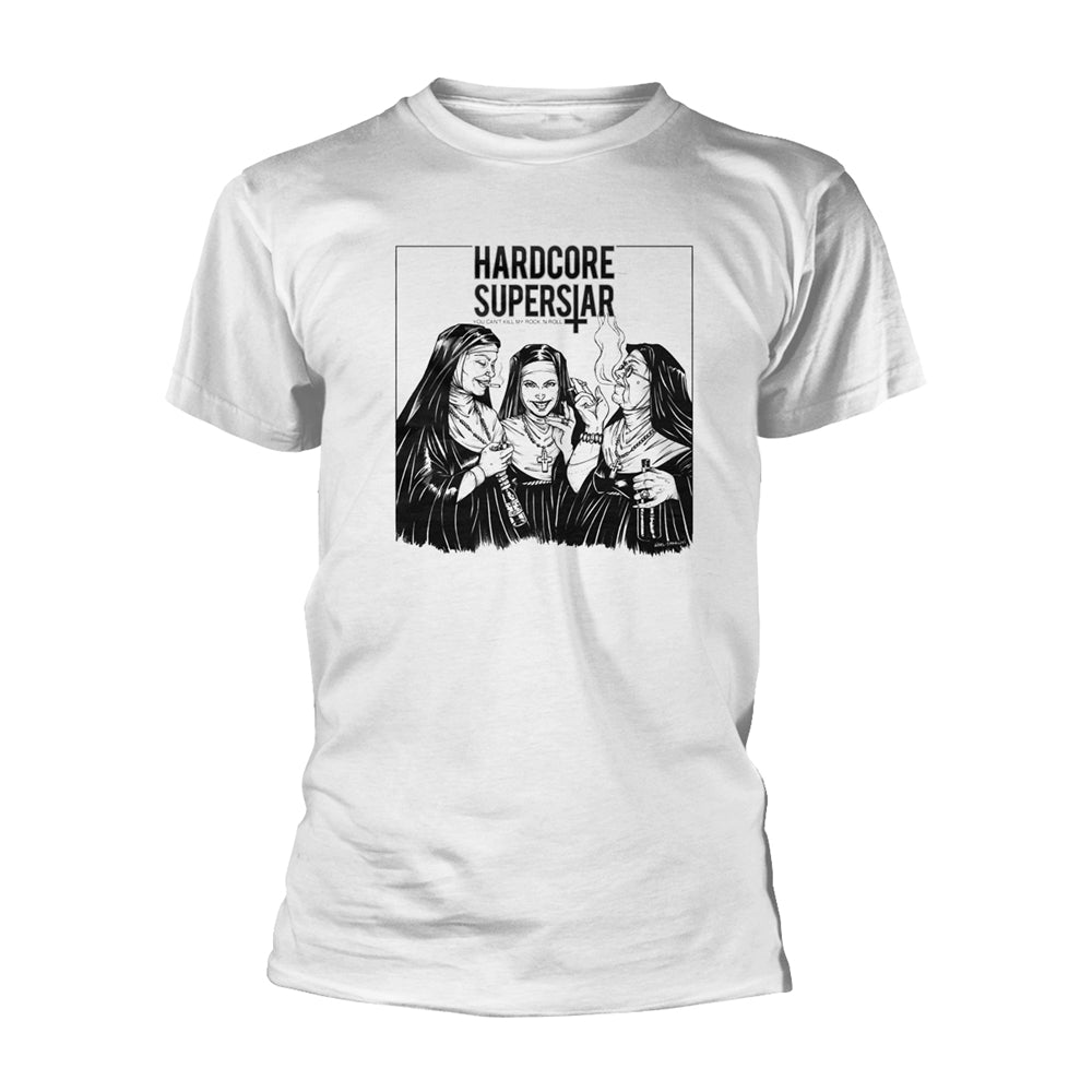 White t-shirt with black graphic of nuns and "Hardcore Superstar" text.