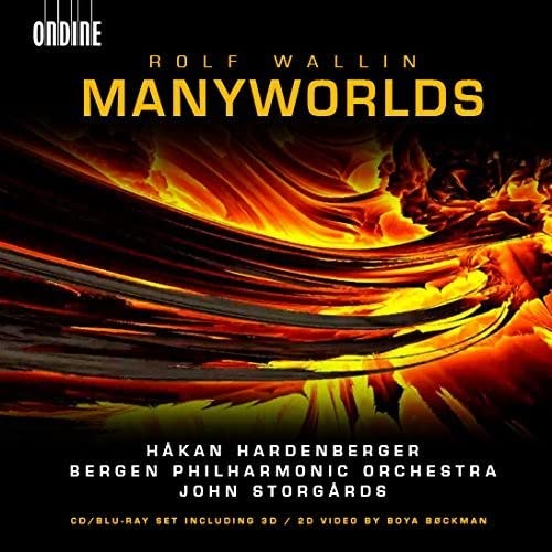 CD cover for "Manyworlds" by Rolf Wallin, featuring abstract fiery artwork.
