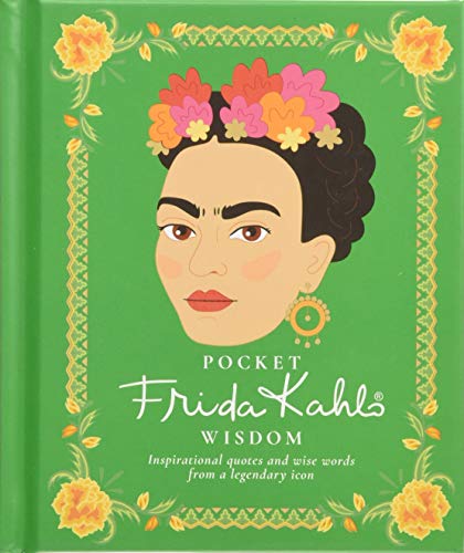 Green book cover featuring a portrait of Frida Kahlo with floral decorations.