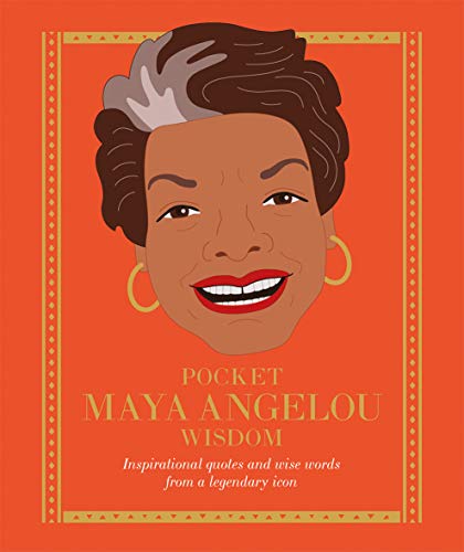 Illustrated portrait of Maya Angelou on an orange book cover with gold text.