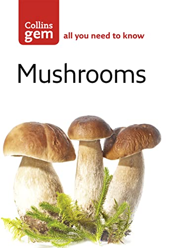 Book cover for Collins Gem Mushrooms featuring three brown mushrooms with green moss.