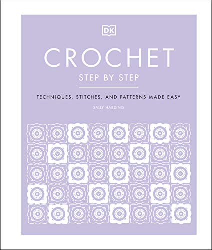 Crochet instruction book cover with floral pattern and white text.