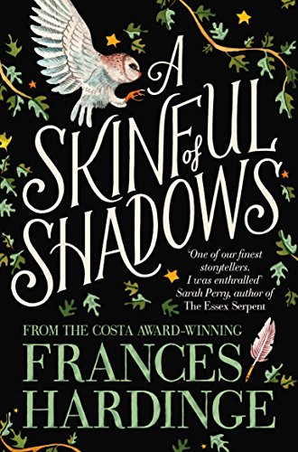 Book cover: dark green background, owl, ornate title “A Skinful of Shadows.”