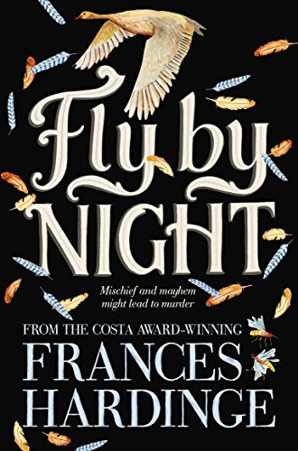 Book cover for Fly By Night with a flying goose and feathers on black.