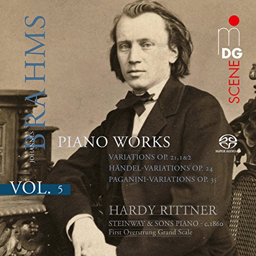 CD cover featuring Johannes Brahms portrait and piano works titles.