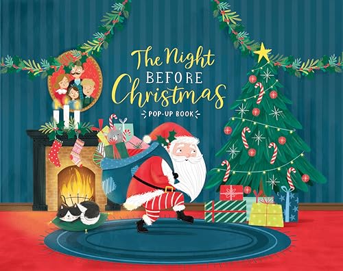 Pop-up book cover depicting Santa with gifts by a Christmas tree.