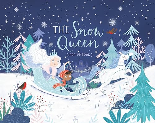 The Snow Queen pop-up book cover with a sleigh, child, and unicorn.