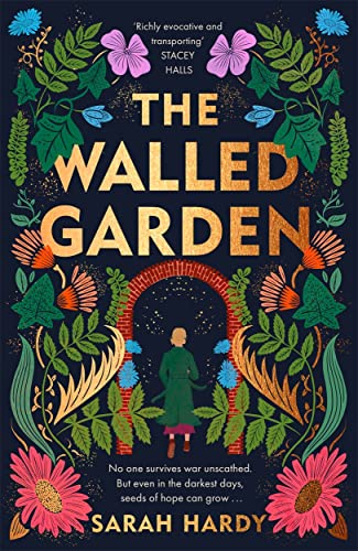 Book cover: woman in green facing an arched garden entrance, floral design.