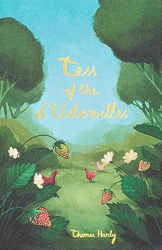 Book cover illustration of strawberries, chickens, and trees with gold text on blue background.