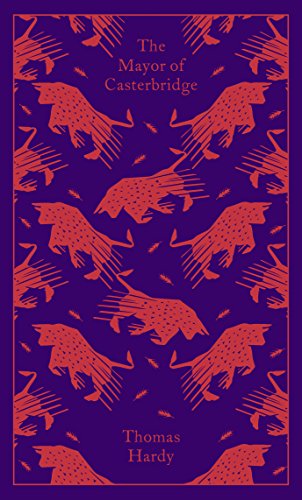 "Book cover with purple background, orange leopard pattern, and title 'The Mayor of Casterbridge'."