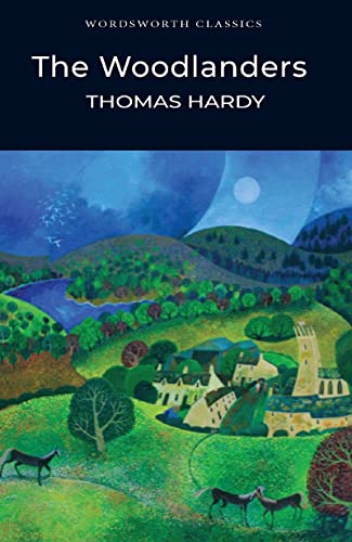Book cover for The Woodlanders by Thomas Hardy featuring a stylized landscape painting.