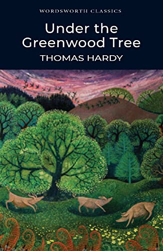 Book cover showing a stylized forest landscape with deer and a purple sunset sky.