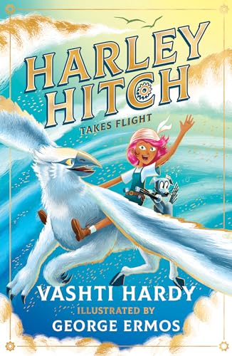 Girl riding a large bird over blue waves, book cover art.