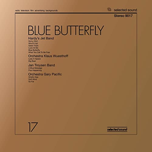 Brown vinyl record cover titled Blue Butterfly with tracklist and artist names in black.