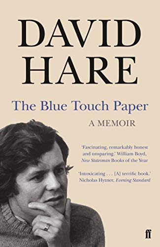 Book cover: "The Blue Touch Paper" memoir by David Hare, with author portrait.
