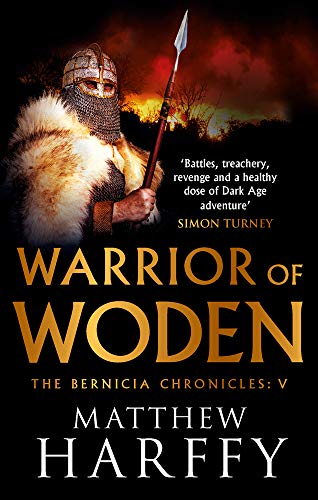Book cover: armored warrior with spear, fiery landscape, title "Warrior of Woden".