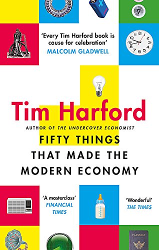 Book cover with colorful squares depicting objects and text about economics.