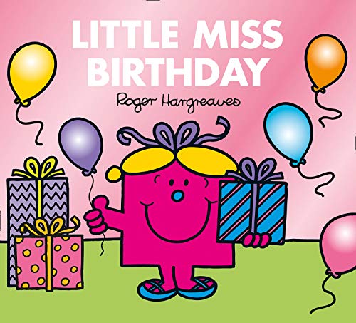 Pink Little Miss character with birthday gifts and colorful balloons.