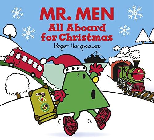 Mr. Men character with a Christmas train in a snowy landscape.