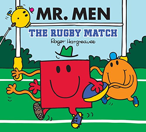 Mr. Men book cover depicting characters playing rugby on a green field.