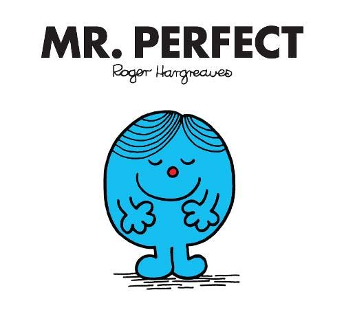 Blue Mr. Men character, Mr. Perfect, smiling with arms outstretched.