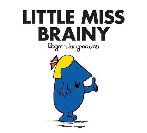 Blue Little Miss Brainy character with yellow hair and a thumbs-up.