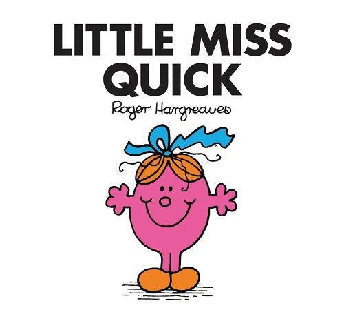 Pink Little Miss character with orange hair and a blue bow.