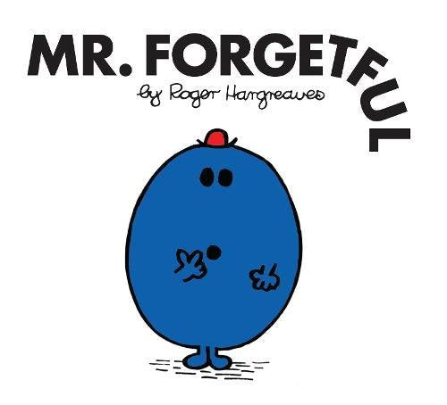 Blue Mr. Men character, Mr. Forgetful, with a small smile and red hat.