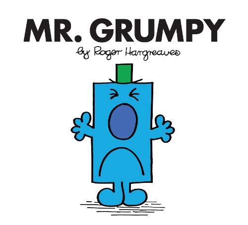 Blue Mr. Men character, Mr. Grumpy, with a frowning face and open mouth.