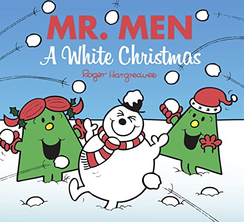 Mr. Men characters and a snowman in a snowy winter scene.