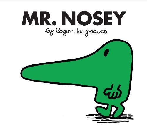 Green cartoon character, Mr. Nosey, with an extremely long nose.