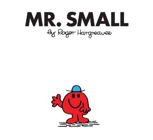 Red Mr. Men character, Mr. Small, waves with a blue hat.