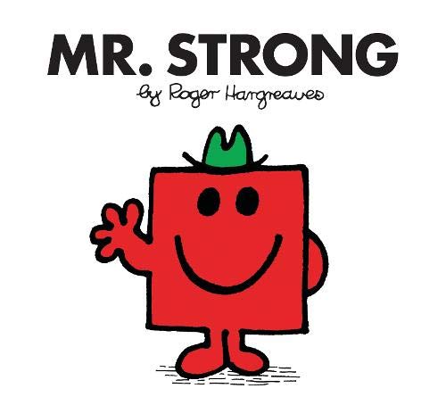 Red square character, Mr. Strong, with a green crown and smiling face.