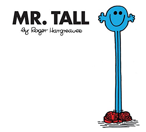 Blue Mr. Men character, Mr. Tall, with a very long body and red shoes.