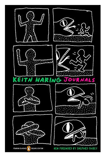 Black book cover with white Haring figures and green title text.