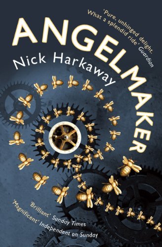 Book cover for “Angelmaker” with gears, bees, and bold title text.