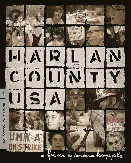 Harlan County USA" Blu-ray cover with a grid of black and white protest photos.