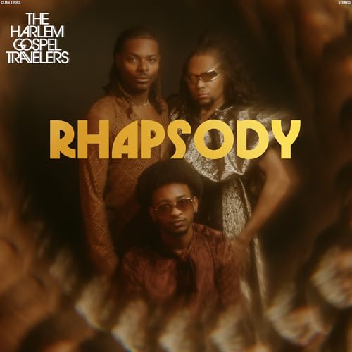 Three men pose for the Harlem Gospel Travelers album cover titled Rhapsody.