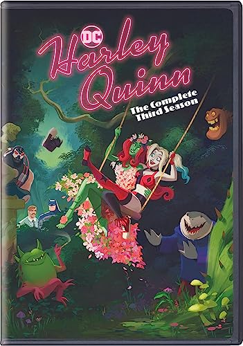 Harley Quinn DVD cover featuring animated characters in a colorful forest scene.