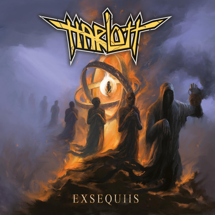 Harlott "Exsequiis" album cover: hooded figures around a glowing orb.