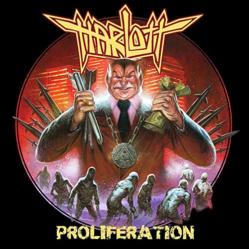 Album cover art for "Harlott - Proliferation" featuring a man surrounded by zombies.