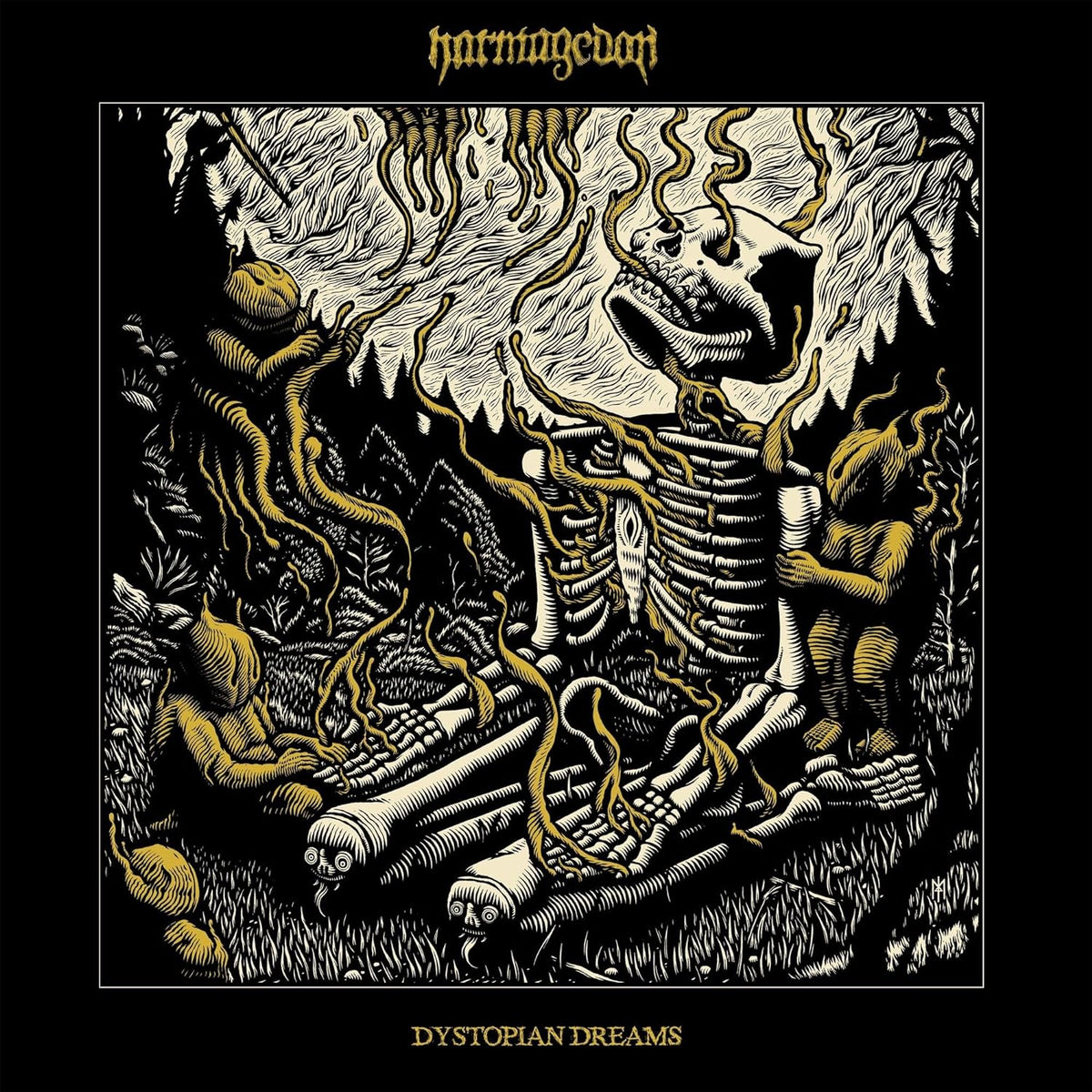 Dark, detailed illustration of a skeletal figure amidst tangled roots and branches.